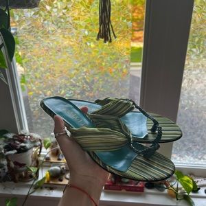 Blue-Green Striped Short Heel w/ Woven Toe Strap